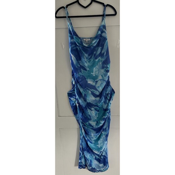Elishe Dresses & Skirts - Women’s Blue Green Abstract Floral Cowl Neck Strappy Back Ruched Maxi Dress Sz S
